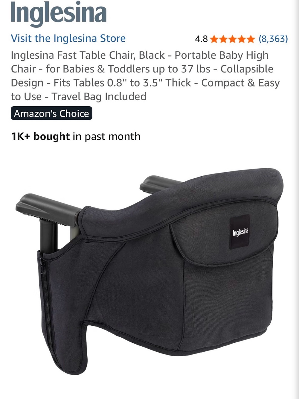 Inglesina Black Clip-On Travel High Chair - Portable Table Seat for Kids